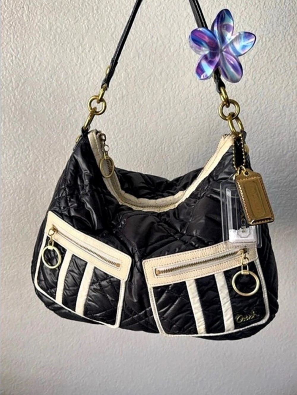 Coach Poppy Ski Bunny Hobo Shoulder Bag Black & White